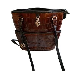 Vtg OG Brighton shoulder bag cognac leather croc design black trim plaid lined